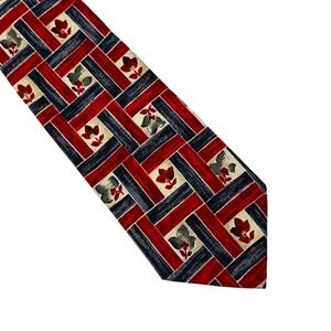 Ermenegildo Zegna 100% Silk Tie Red Black Tan Geometric Leaf Floral Pattern Mens